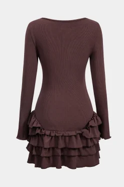 MICAS Mini Dresses|Long Sleeve Dresses-Ruffle Round Neck Long Sleeve Mini Dress MAROON