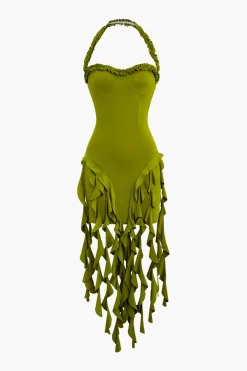 MICAS Mini Dresses-Ruffle Tassel Halter Bustier Mini Dress