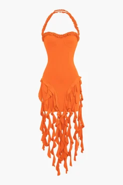 MICAS Mini Dresses-Ruffle Tassel Halter Bustier Mini Dress