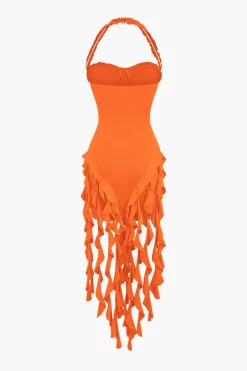 MICAS Mini Dresses-Ruffle Tassel Halter Bustier Mini Dress