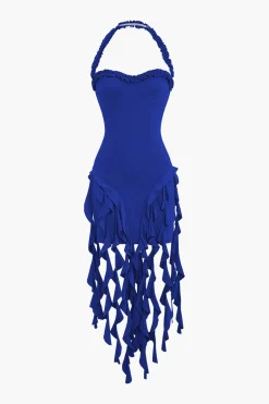 MICAS Mini Dresses-Ruffle Tassel Halter Bustier Mini Dress