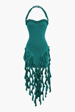 MICAS Mini Dresses-Ruffle Tassel Halter Bustier Mini Dress
