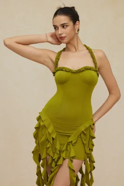 MICAS Mini Dresses-Ruffle Tassel Halter Bustier Mini Dress