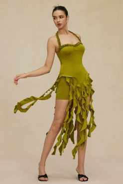 MICAS Mini Dresses-Ruffle Tassel Halter Bustier Mini Dress