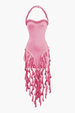 MICAS Mini Dresses-Ruffle Tassel Halter Bustier Mini Dress
