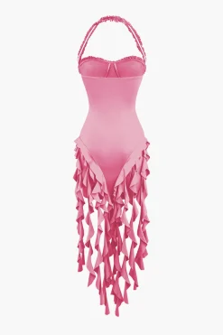 MICAS Mini Dresses-Ruffle Tassel Halter Bustier Mini Dress