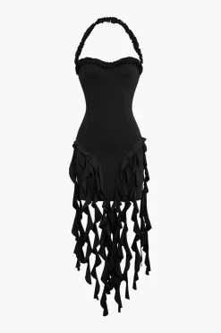 MICAS Mini Dresses-Ruffle Tassel Halter Bustier Mini Dress