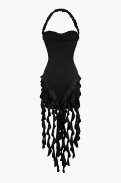 MICAS Mini Dresses-Ruffle Tassel Halter Bustier Mini Dress