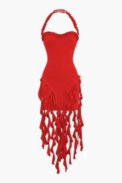 MICAS Mini Dresses-Ruffle Tassel Halter Bustier Mini Dress