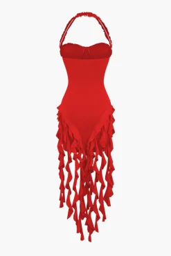 MICAS Mini Dresses-Ruffle Tassel Halter Bustier Mini Dress