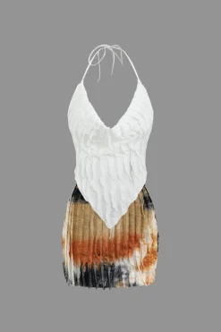 MICAS Vacation Sets|Skirt Sets-Ruffle Tie Halter Backless Cowl Neck Top And Tie Dye Mini Skirt Set WHITE