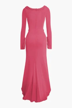 MICAS Long Sleeve Dresses|Maxi Dresses-Ruffle Trim Ruched Cut Out Maxi Dress