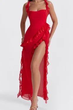 MICAS Maxi Dresses-Ruffle Trim Square Neck Slit Sleeveless Maxi Dress