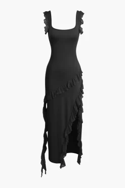MICAS Maxi Dresses-Ruffle Trim Square Neck Slit Sleeveless Maxi Dress