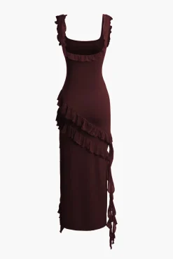 MICAS Maxi Dresses-Ruffle Trim Square Neck Slit Sleeveless Maxi Dress