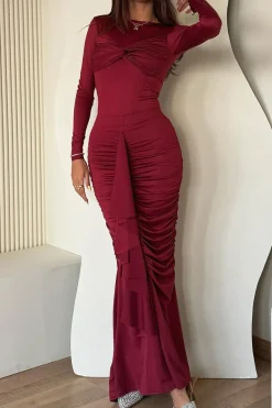 MICAS Long Sleeve Dresses|Maxi Dresses-Ruffle Twist Maxi Dress CHILI