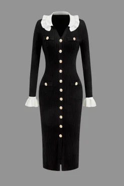 MICAS Long Sleeve Dresses|Knitwear-Ruffled Cuffs And Collar Ribbed Knit Button Front Midi Dress BLACK
