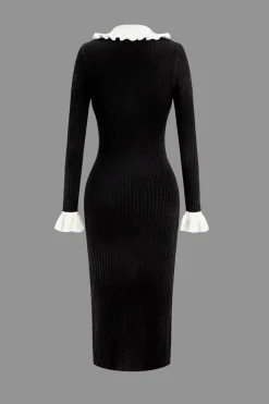 MICAS Long Sleeve Dresses|Knitwear-Ruffled Cuffs And Collar Ribbed Knit Button Front Midi Dress BLACK