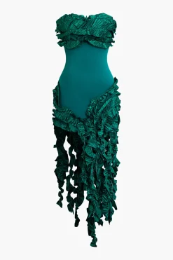 MICAS Midi Dresses-Ruffled Fringe Strapless Midi Dress