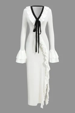 MICAS Long Sleeve Dresses|Maxi Dresses-Ruffled V-Neck Long Sleeve Maxi Dress WHITE