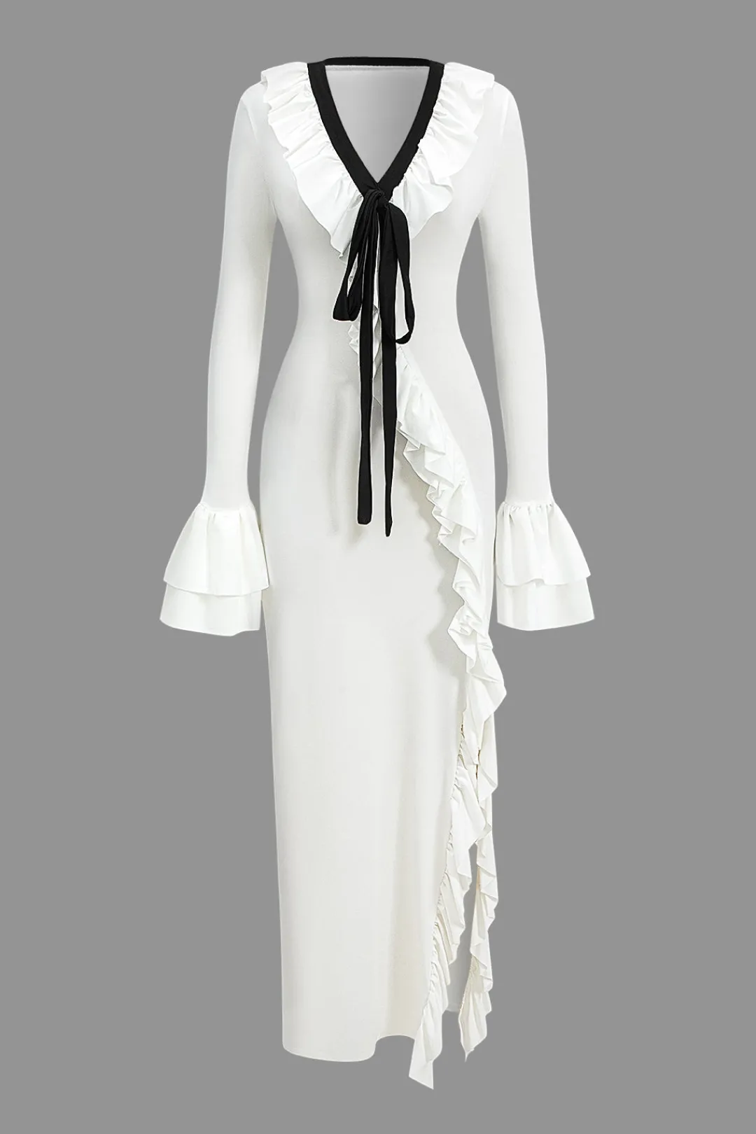 MICAS Long Sleeve Dresses|Maxi Dresses-Ruffled V-Neck Long Sleeve Maxi Dress WHITE