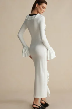 MICAS Long Sleeve Dresses|Maxi Dresses-Ruffled V-Neck Long Sleeve Maxi Dress WHITE