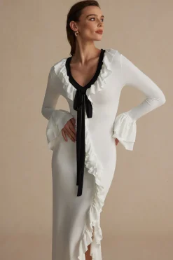 MICAS Long Sleeve Dresses|Maxi Dresses-Ruffled V-Neck Long Sleeve Maxi Dress WHITE