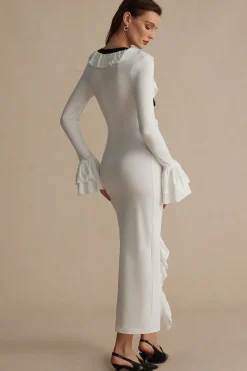 MICAS Long Sleeve Dresses|Maxi Dresses-Ruffled V-Neck Long Sleeve Maxi Dress WHITE