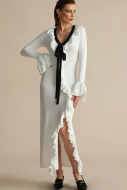 MICAS Long Sleeve Dresses|Maxi Dresses-Ruffled V-Neck Long Sleeve Maxi Dress WHITE