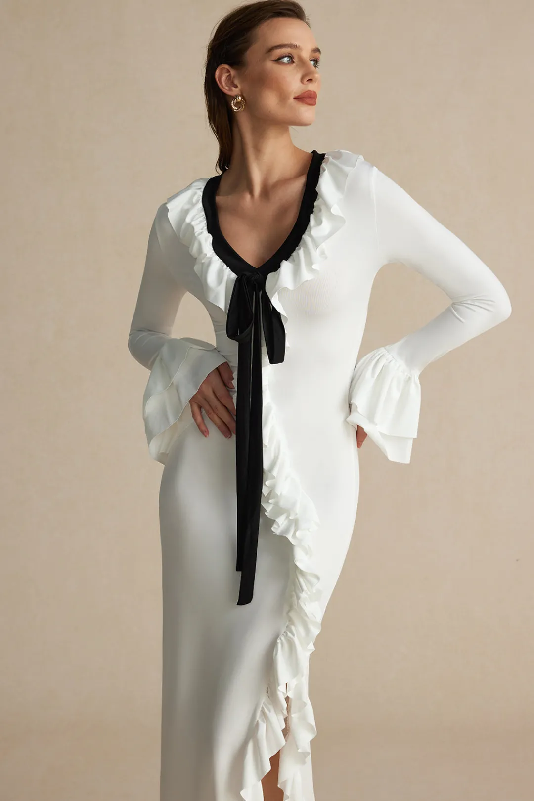 MICAS Long Sleeve Dresses|Maxi Dresses-Ruffled V-Neck Long Sleeve Maxi Dress WHITE