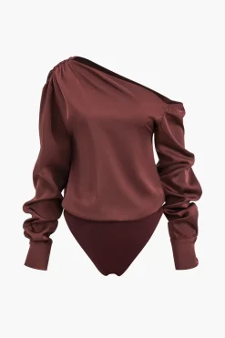 MICAS Bodysuits-Satin Asymmetrical Long Sleeve Ruched Bodysuit BURGUNDY