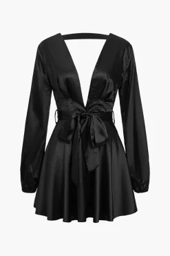 MICAS Mini Dresses|Long Sleeve Dresses-Satin Backless Belted V-neck Mini Dress BLACK