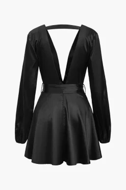 MICAS Mini Dresses|Long Sleeve Dresses-Satin Backless Belted V-neck Mini Dress BLACK