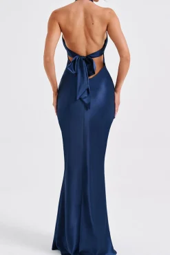 MICAS Maxi Dresses-Satin Backless Sleeveless Maxi Dress DARK BLUE