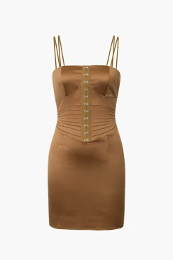 MICAS Mini Dresses-Satin Bustier Tight Waist Mini Dress LIGHT BROWN