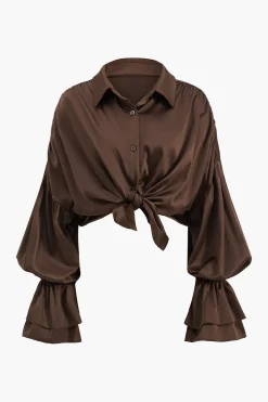 MICAS Long Sleeve Tops|Long Sleeves Tops-Satin Button Long-Sleeve Shirt BROWN