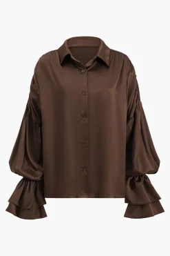 MICAS Long Sleeve Tops|Long Sleeves Tops-Satin Button Long-Sleeve Shirt BROWN