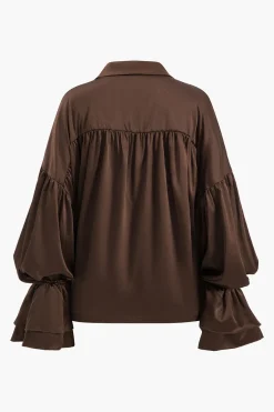 MICAS Long Sleeve Tops|Long Sleeves Tops-Satin Button Long-Sleeve Shirt BROWN