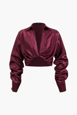 MICAS Long Sleeve Tops|Long Sleeves Tops-Satin Button Twist Knot Long-Sleeve Shirt BURGUNDY