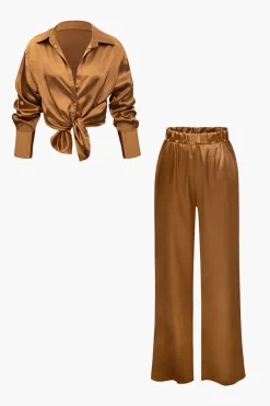 MICAS Pant Sets-Satin Button Up Long Sleeve Shirt And Pants Set