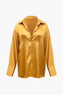 MICAS Pant Sets-Satin Button Up Long Sleeve Shirt And Pants Set