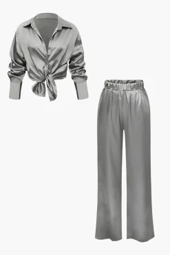 MICAS Pant Sets-Satin Button Up Long Sleeve Shirt And Pants Set