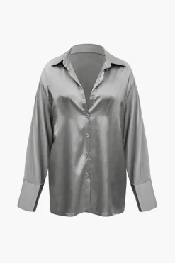 MICAS Pant Sets-Satin Button Up Long Sleeve Shirt And Pants Set