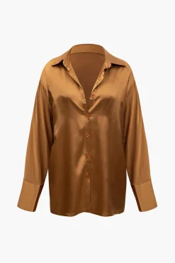 MICAS Pant Sets-Satin Button Up Long Sleeve Shirt And Pants Set