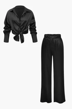 MICAS Pant Sets-Satin Button Up Long Sleeve Shirt And Pants Set