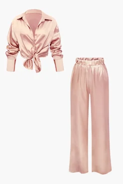 MICAS Pant Sets-Satin Button Up Long Sleeve Shirt And Pants Set