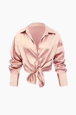 MICAS Pant Sets-Satin Button Up Long Sleeve Shirt And Pants Set