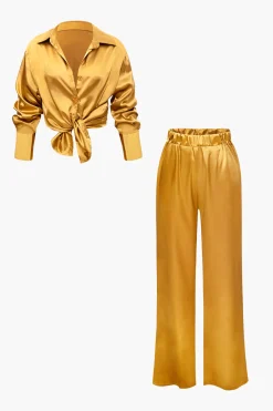 MICAS Pant Sets-Satin Button Up Long Sleeve Shirt And Pants Set
