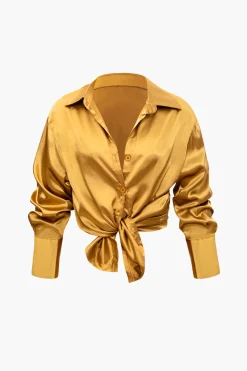 MICAS Pant Sets-Satin Button Up Long Sleeve Shirt And Pants Set