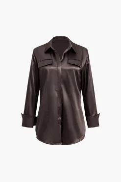 MICAS Long Sleeve Tops|Long Sleeves Tops-Satin Fake Pocket Long-Sleeve Shirt BROWN